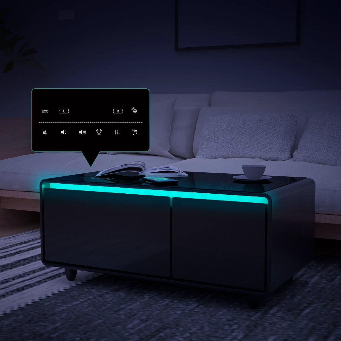 Modern Smart Coffee Table With Built-In Fridge - tooth Speaker, Wireless Charging, Touch Control Panel, USB Interface, Outlet Protection, Atmosphere Light by HouseOfZazla