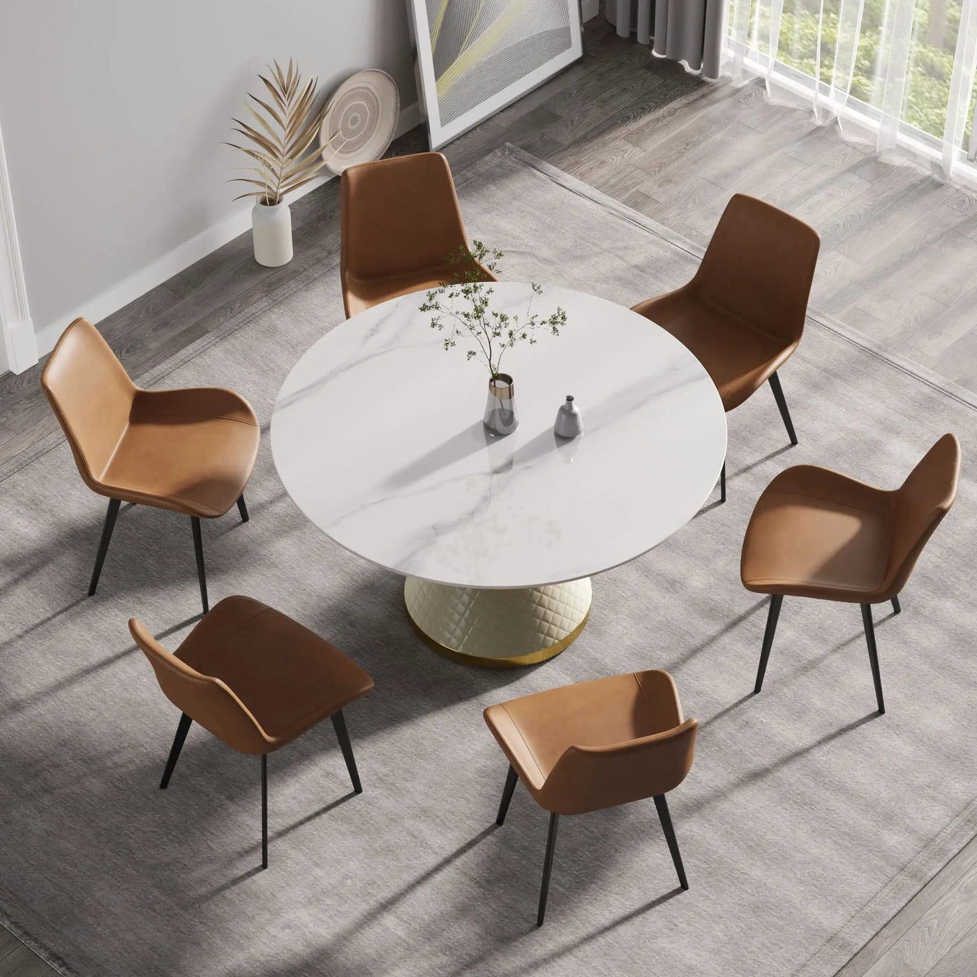 Modern Artificial Stone Round Carbon Steel Base Dining Table, Can Accommodate 6 People by Unique Piece Furniture