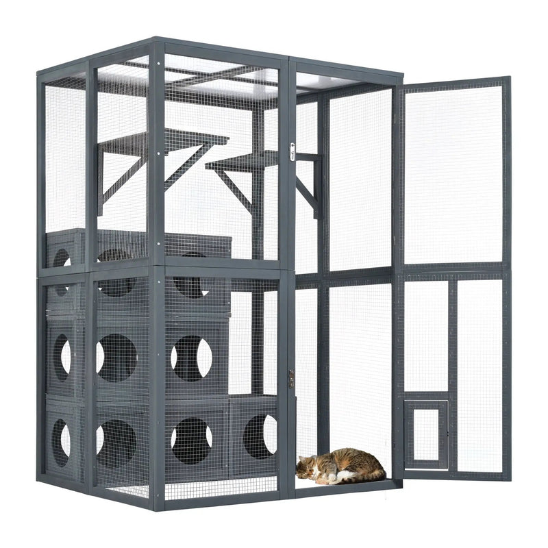 Outdoor Cat House With Shelves And Weather Protection, Removable Wood Boxes - Gray by HouseOfZazla