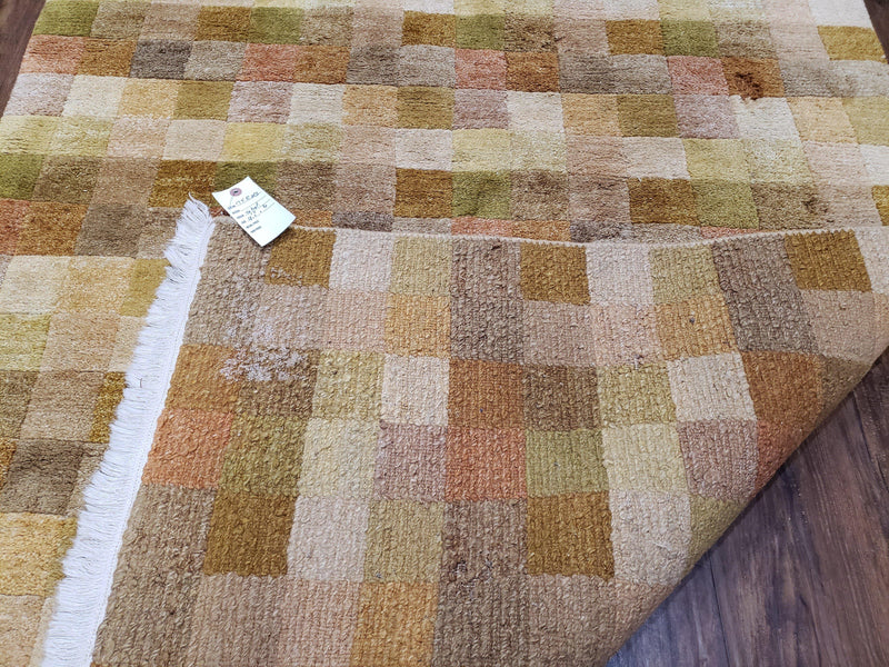 4x6 Tibetan Rug, Modern Abstract Handmade Area Rug, Checkerboard Pattern, Neutral Ivory Gold Tan Colors, Soft Pile, Mid Sized Rug, Nepali by Jewel Rugs