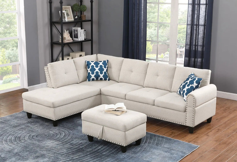 Alger - Wide Left Hand Facing Sofa & Chaise With Ottoman - Beige by HouseOfZazla