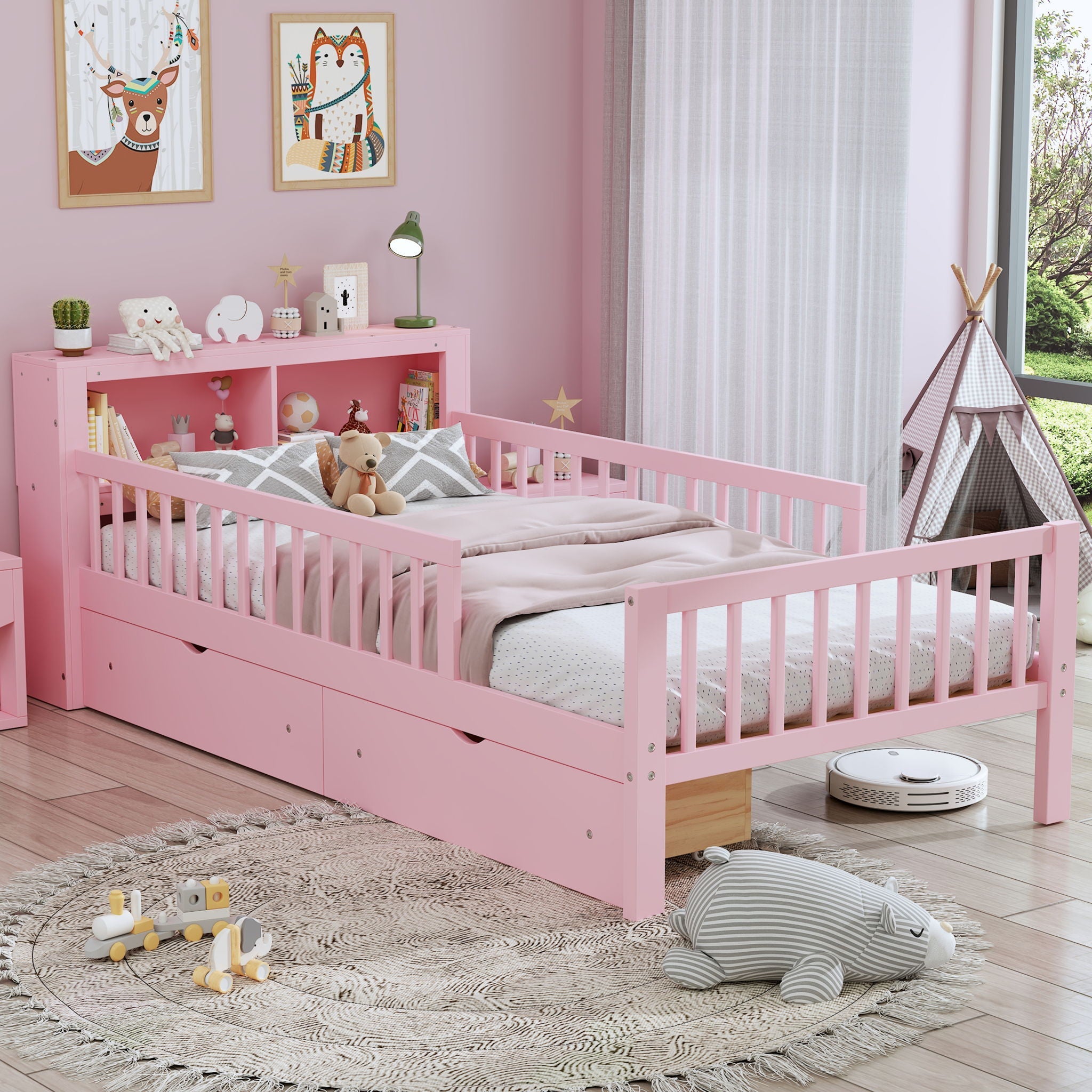 Bed With Headboard Storage Rack, 2 Under Bed Drawers, 3 Side Guardrails For Safety by HouseOfZazla