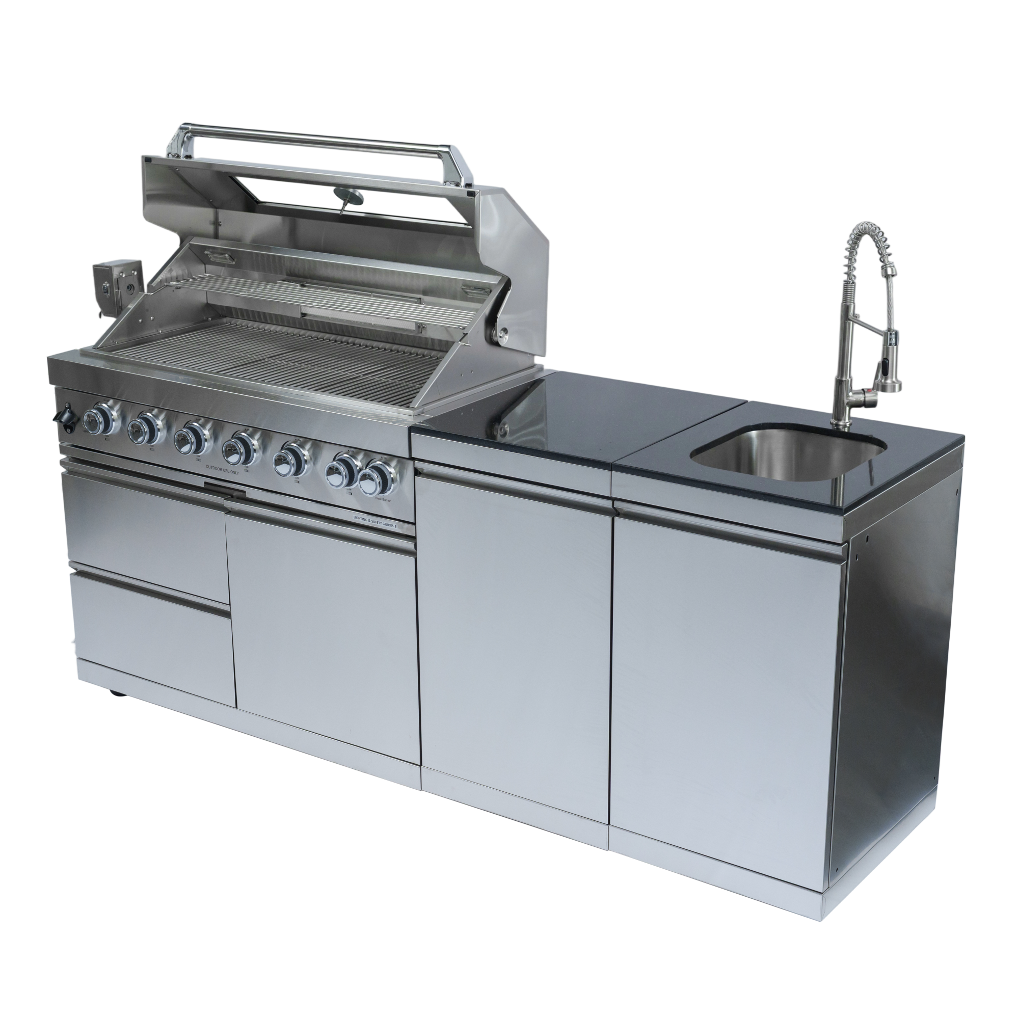 82" 6-Burner 85000 BTU Silver Outdoor Kitchen Island Grill + Storage Cabinets & Drawers & Sink/Faucet by Chery Industrial