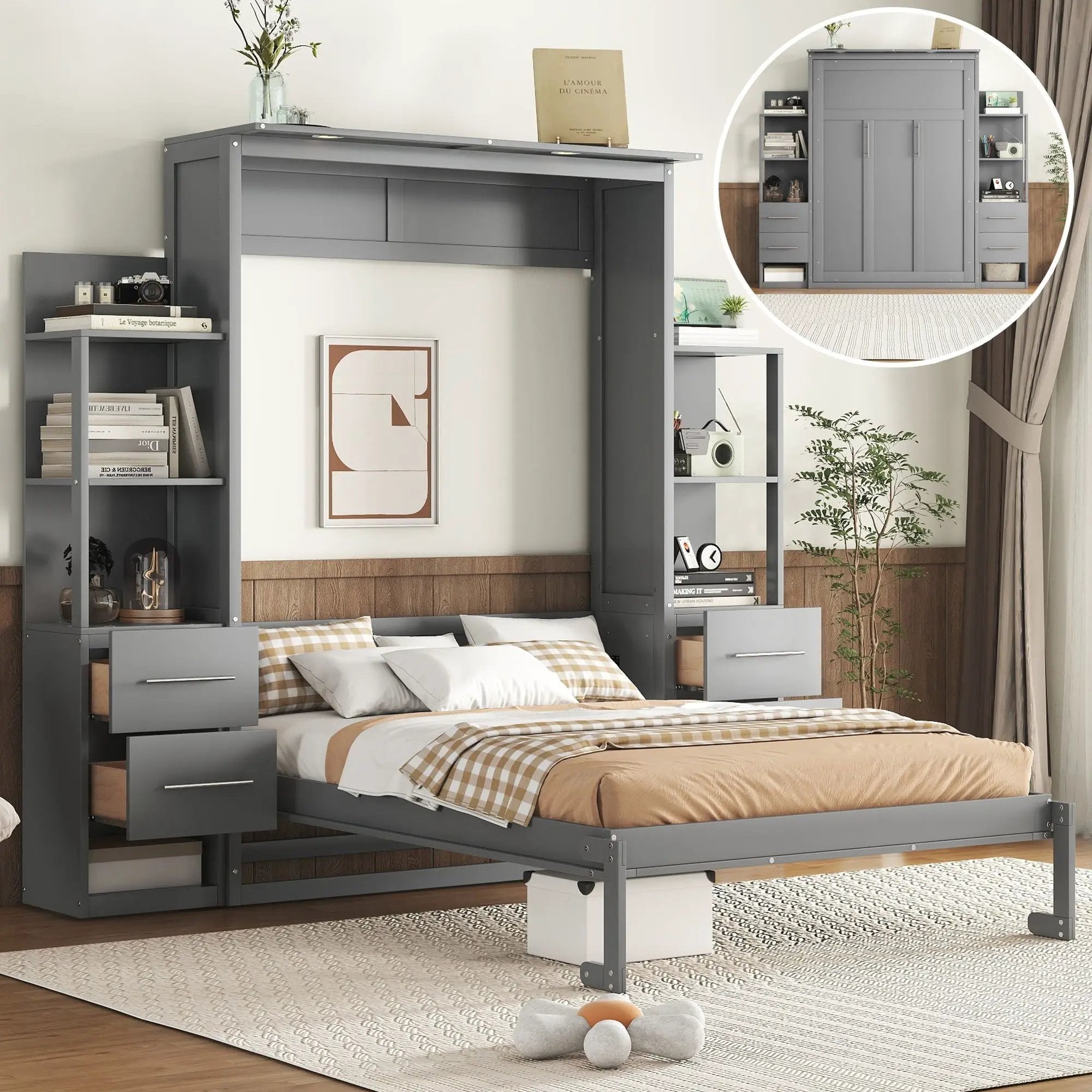 Murphy Wall Bed With LED Lights, Shelves And Drawers