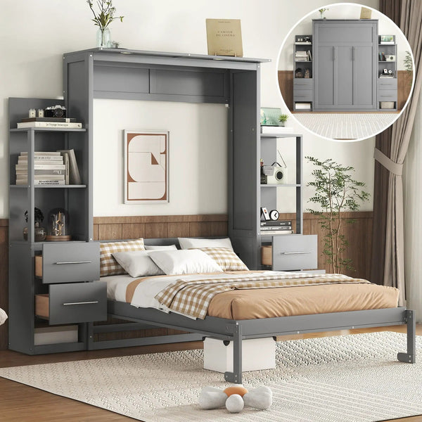 Murphy Wall Bed With LED Lights, Shelves And Drawers