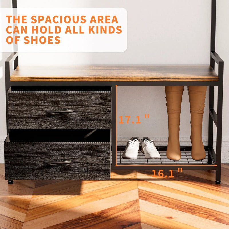 Hall Tree With 2 Movable Drawers, Shoe Storage, Shelves, Garment Racks, And 23 Hooks For Entryway - Rustic Brown by HouseOfZazla