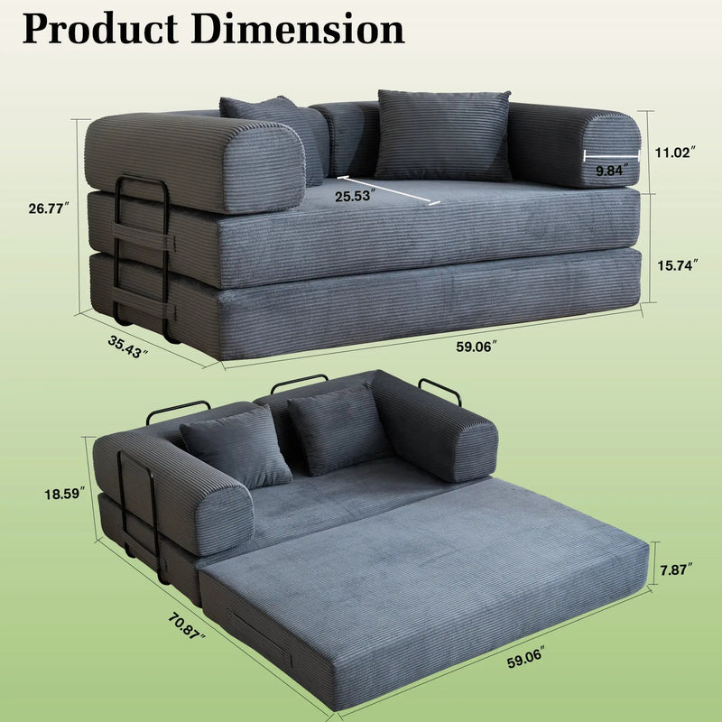 59" Convertible Sleeper Sofa Bed with Cylindrical Pillow - Gray by HouseOfZazla