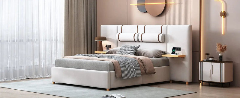 Upholstered Platform Bed, 2 Outlets And USB Charging Ports On Both Sides, 2 Bedside Pillows, Storage Shelves by HouseOfZazla
