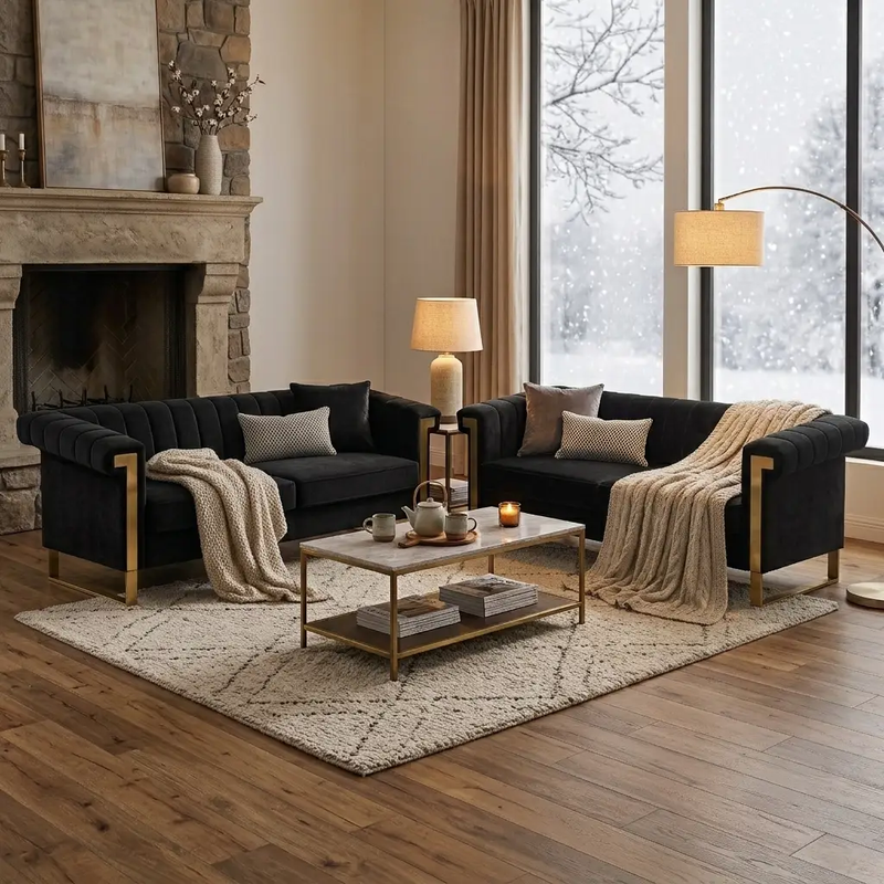 Black Velvet 2 Piece Sofa Set by HouseOfZazla