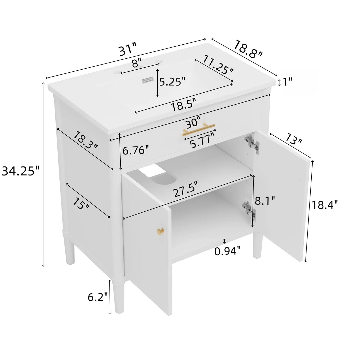 Bathroom Vanity With Sink, Soft Close Doors And Adjustable Shelf by HouseOfZazla