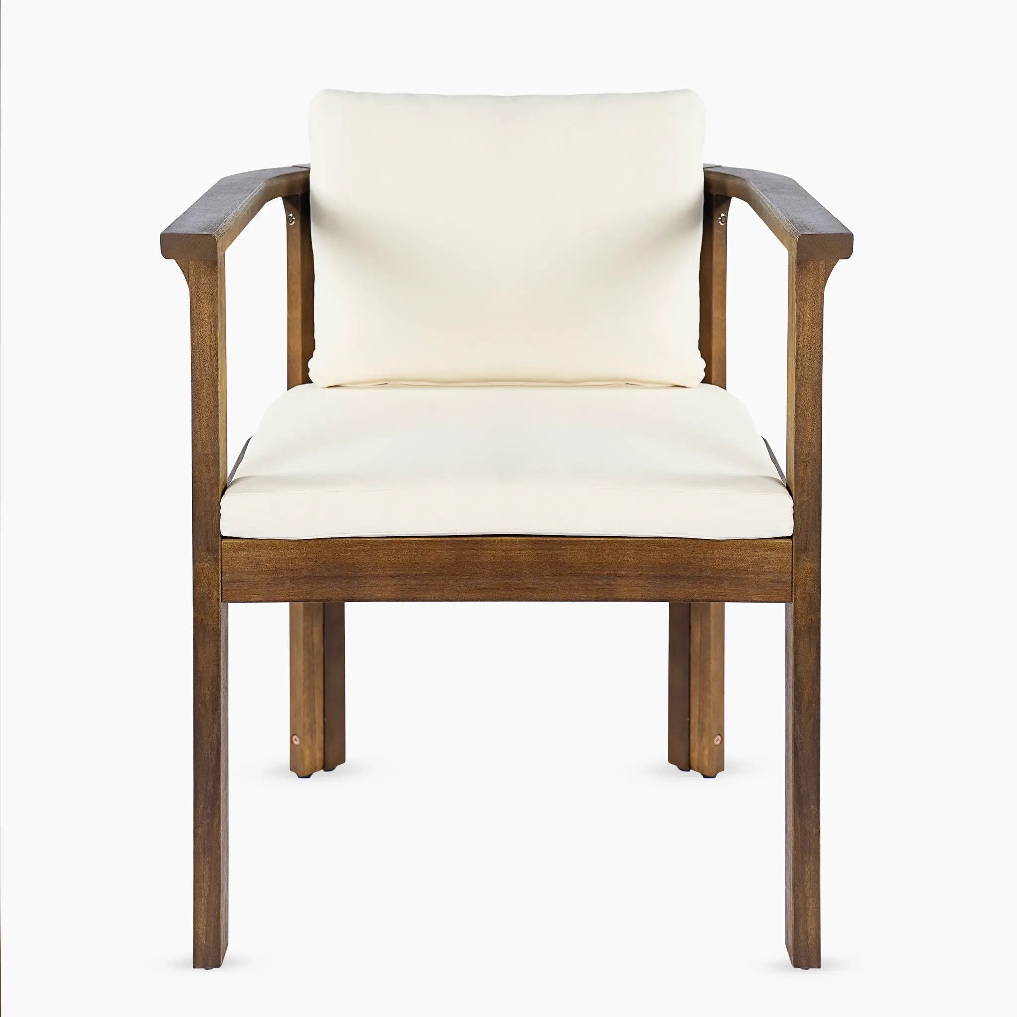 Outdoor Dining Chair Set of 2 with Curved Acacia Wood Arms, Brown Finish and Cream Cushions by HouseOfZazla