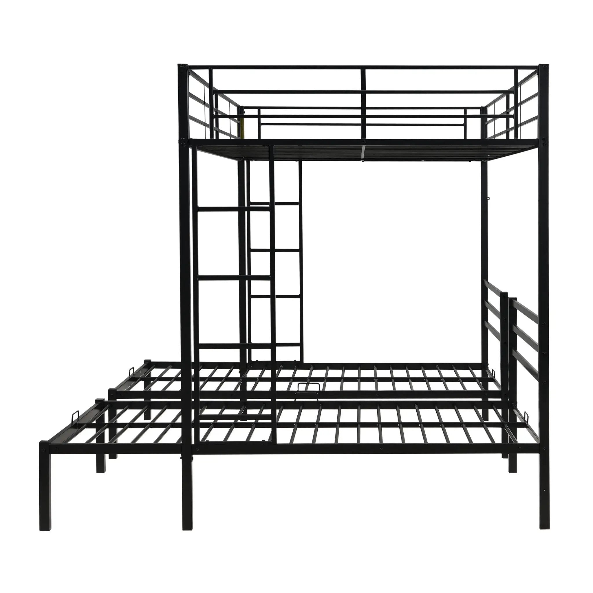 Modern Metal Triple Bunk Bed With Vertical Ladder, Safety Rail, And Storage Shelf - Black by HouseOfZazla