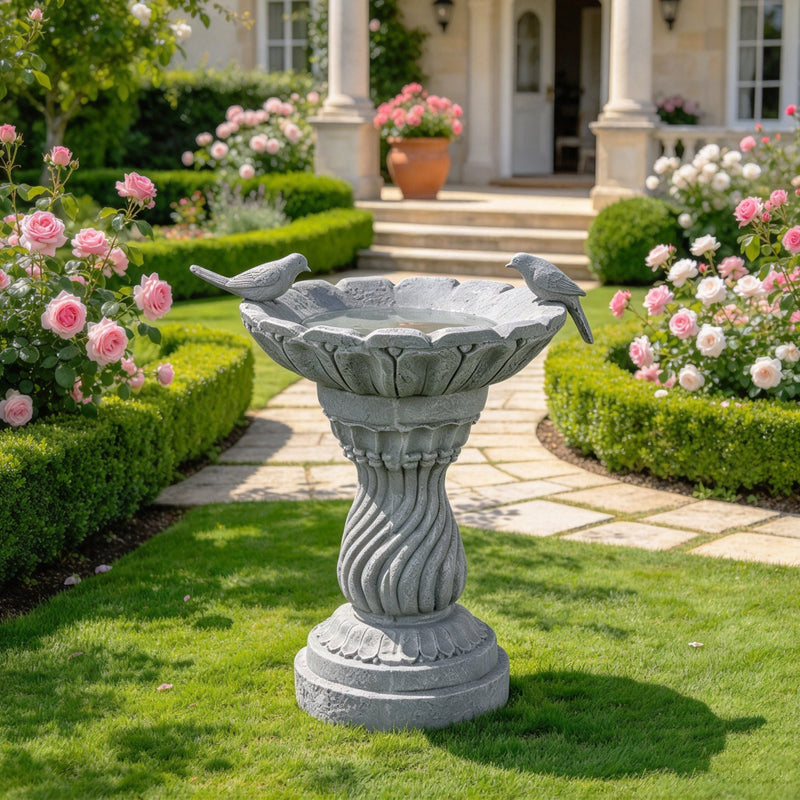 Magnesium Oxide Garden Bird Bath Statue with Vintage Pedestal - Grey