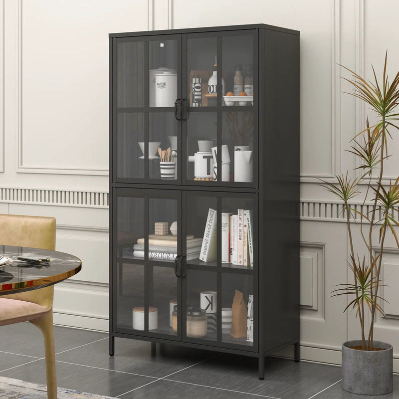 Premium Metal Storage Cabinet With Tempered Glass Doors, Adjustable Shelves, And Anti Tipping Device - Black by HouseOfZazla