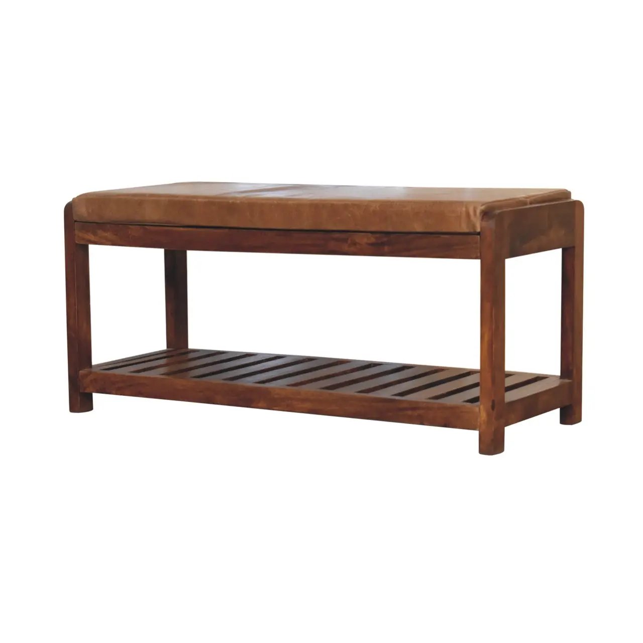 Solid Wood Small Buffalo Slatted Bench, Leather Upholstered, Open Storage by HouseOfZazla