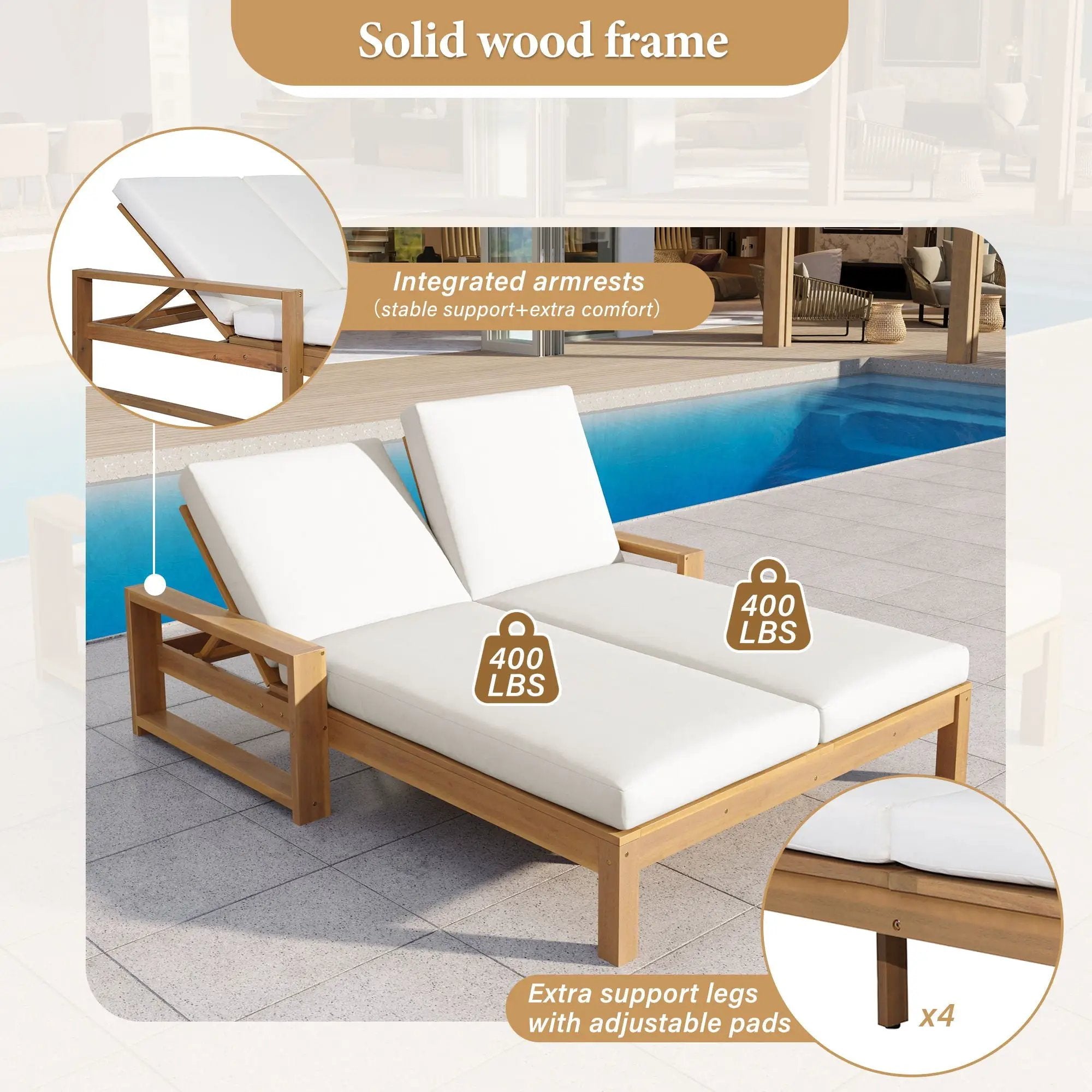 Outdoor Double Lounge Chair With 5 Position Adjustable Backrest by Unique Piece Furniture
