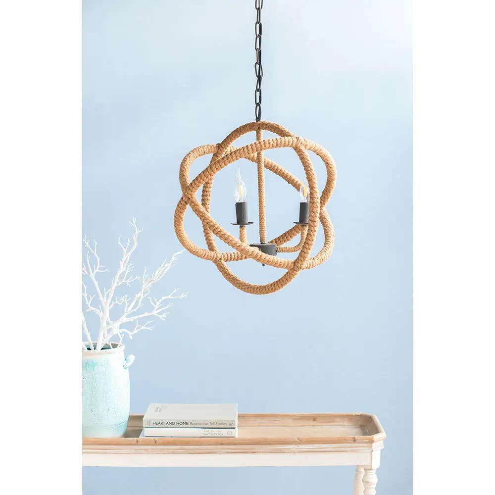 3 Light Farmhouse Chandelier, Rope Chandelier Globe Hanging Light Fixture With With Adjustable Chain For Kitchen, Bulb Not Included - Beige Brown by HouseOfZazla