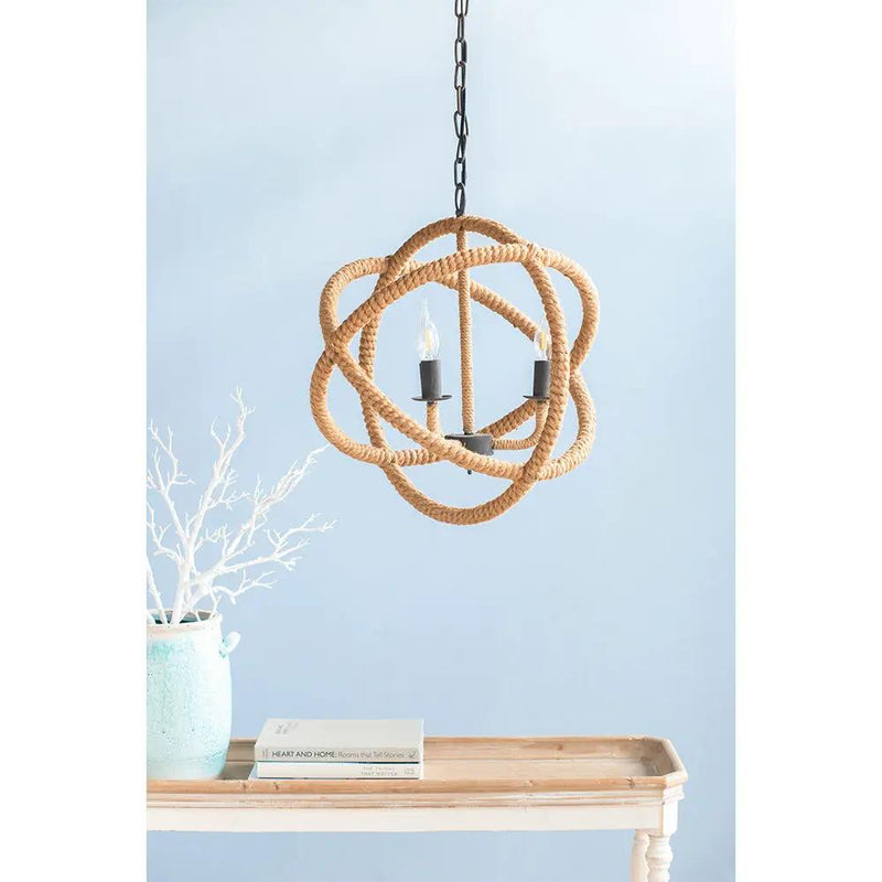 3 Light Farmhouse Chandelier, Rope Chandelier Globe Hanging Light Fixture With With Adjustable Chain For Kitchen, Bulb Not Included - Beige Brown by HouseOfZazla