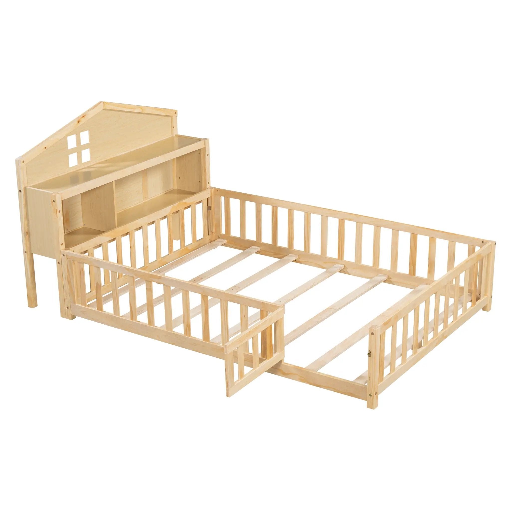 Full Size Montessori Floor Bed With Bookcases And boards, Solid Wood Platform Bed With Guard Rails And Storage Headboards - Natural by Unique Piece Furniture