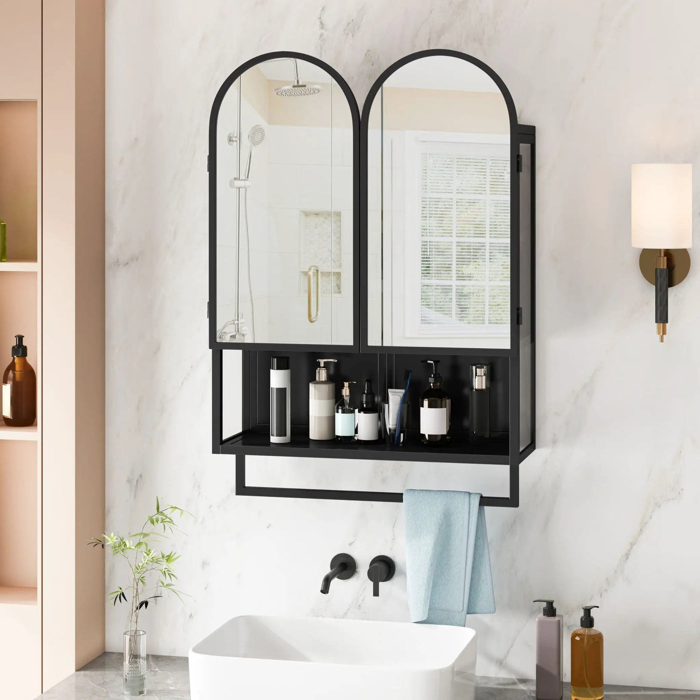 Double Arched Mirror Wall Cabinet With 2 Doors, Featuring Adjustable Shelves And Towel Rack by HouseOfZazla