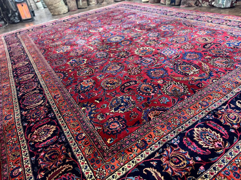 Palace Size Persian Mashad Rug 12x16, Raspberry and Navy Blue, Signature from Master Weaver, Antique Handmade Large Wool Carpet by Jewel Rugs