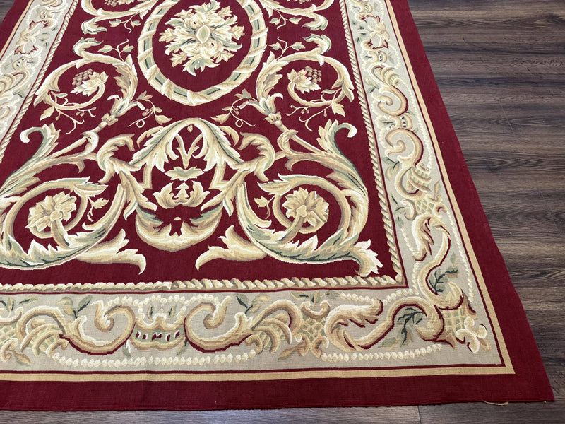 Burgundy Aubusson Rug 6x9, Vintage Wool Carpet by Jewel Rugs
