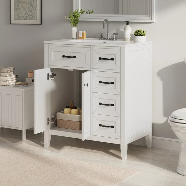 30" White Bathroom Vanity with Ceramic Sink