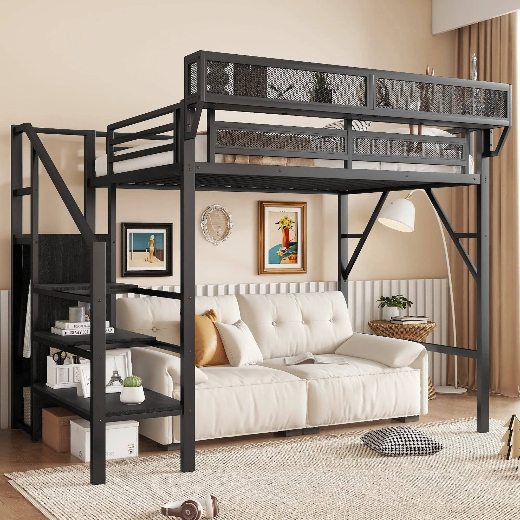 Twin Size Loft Bed with Stairs, Metal Full Loft Bed with Storage Shelves by HouseOfZazla