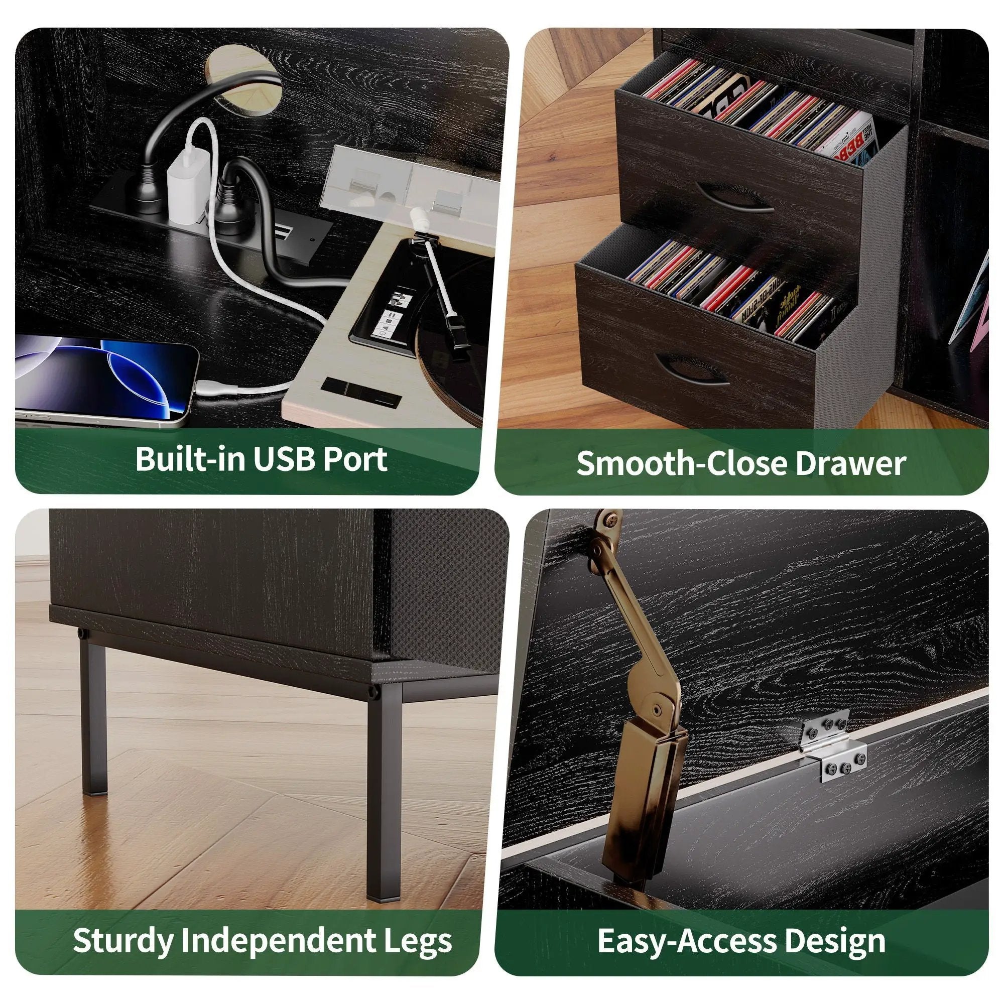 Eco-Friendly Vinyl Record Player Stand With Flip-Top Storage, Media Console With Dual Outlets And Dustproof Drawers by Unique Piece Furniture