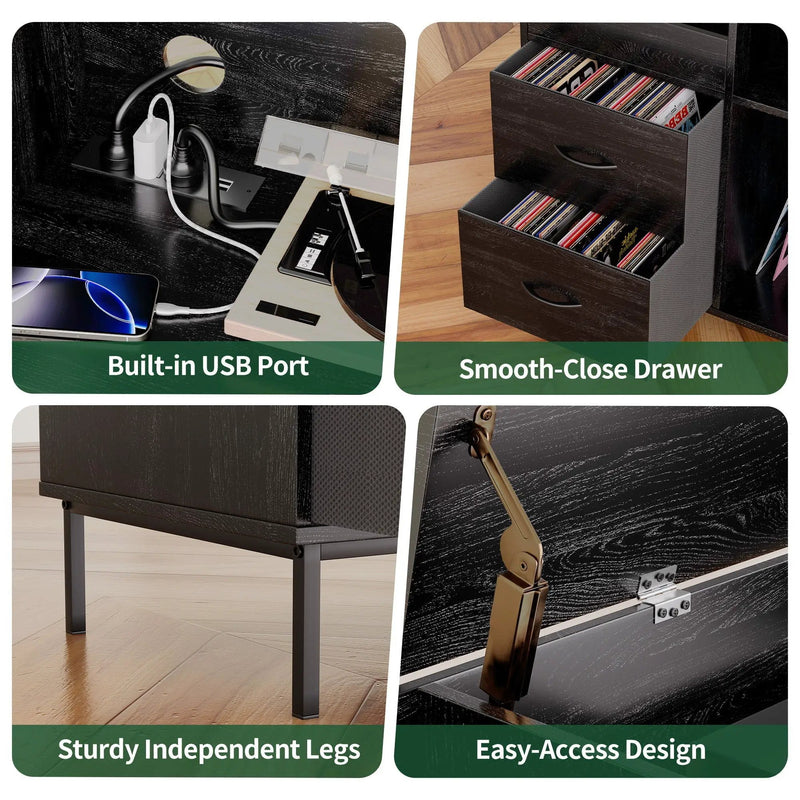 Eco-Friendly Vinyl Record Player Stand With Flip-Top Storage, Media Console With Dual Outlets And Dustproof Drawers by Unique Piece Furniture