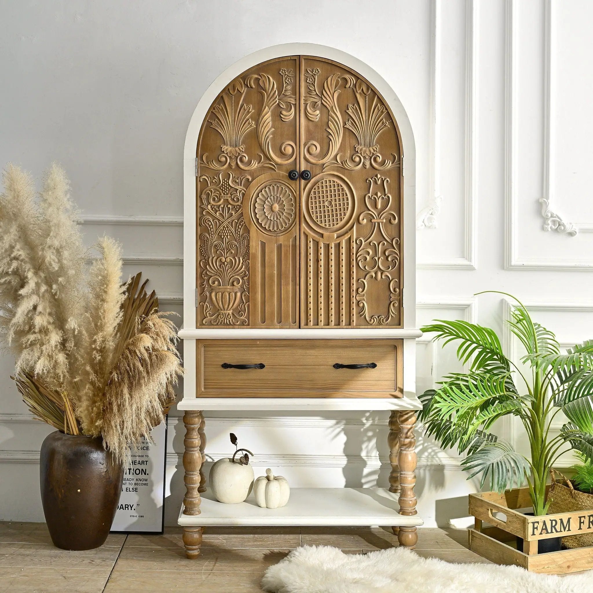 Arched Flower Carved Door Accent Sideboard Cabinet With 1 Drawer And Shelf, Cabinet For Kitchen - Natural / White by HouseOfZazla