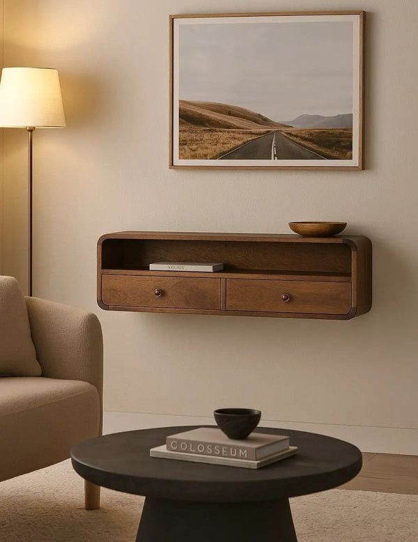Solid Wood Floating Console, 2-Drawers, 1 Open Slot