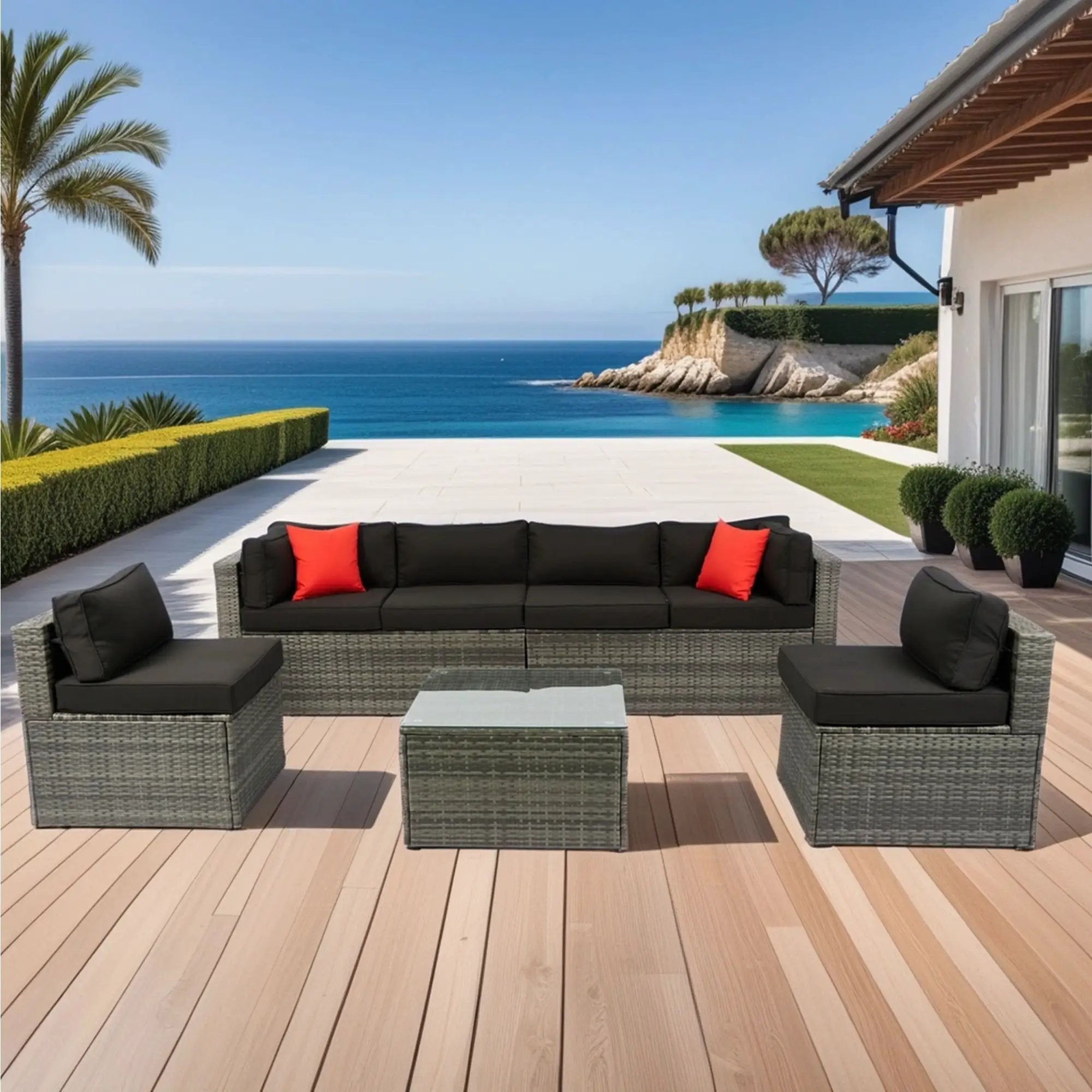 5 Pieces Rattan Sectional Outdoor Furniture Cushioned U Sof Set With 2 Pillow - Gray / Black by Unique Piece Furniture