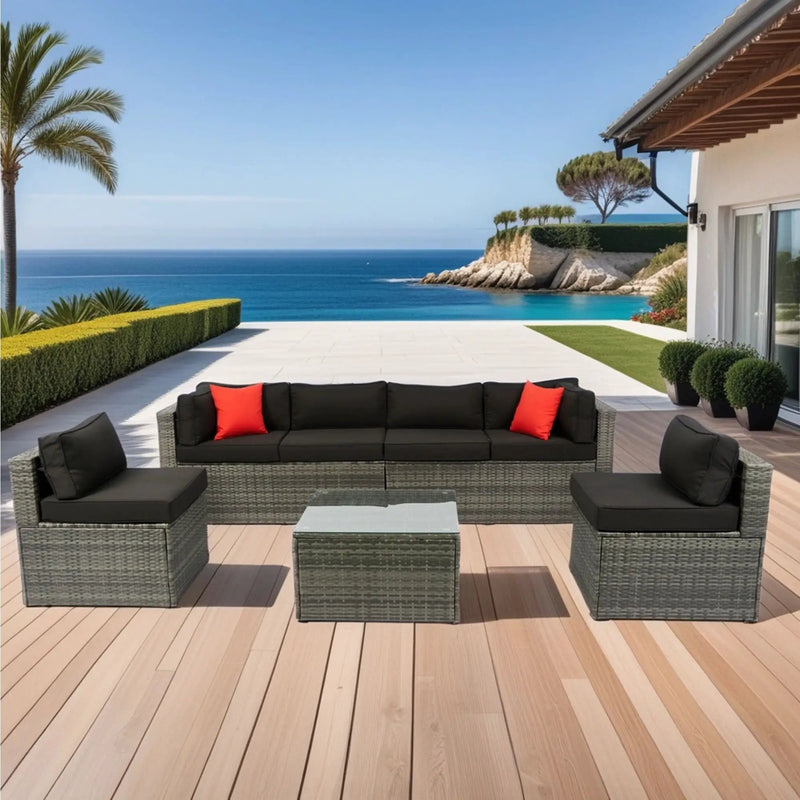 5 Pieces Rattan Sectional Outdoor Furniture Cushioned U Sof Set With 2 Pillow - Gray / Black by HouseOfZazla