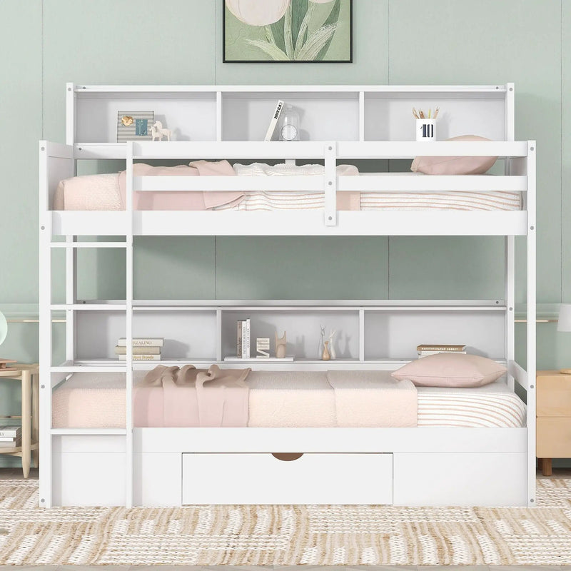 Twin Size Bunk Bed With Built-In Shelves Beside Both Upper And Down Bed And Storage Drawer by HouseOfZazla
