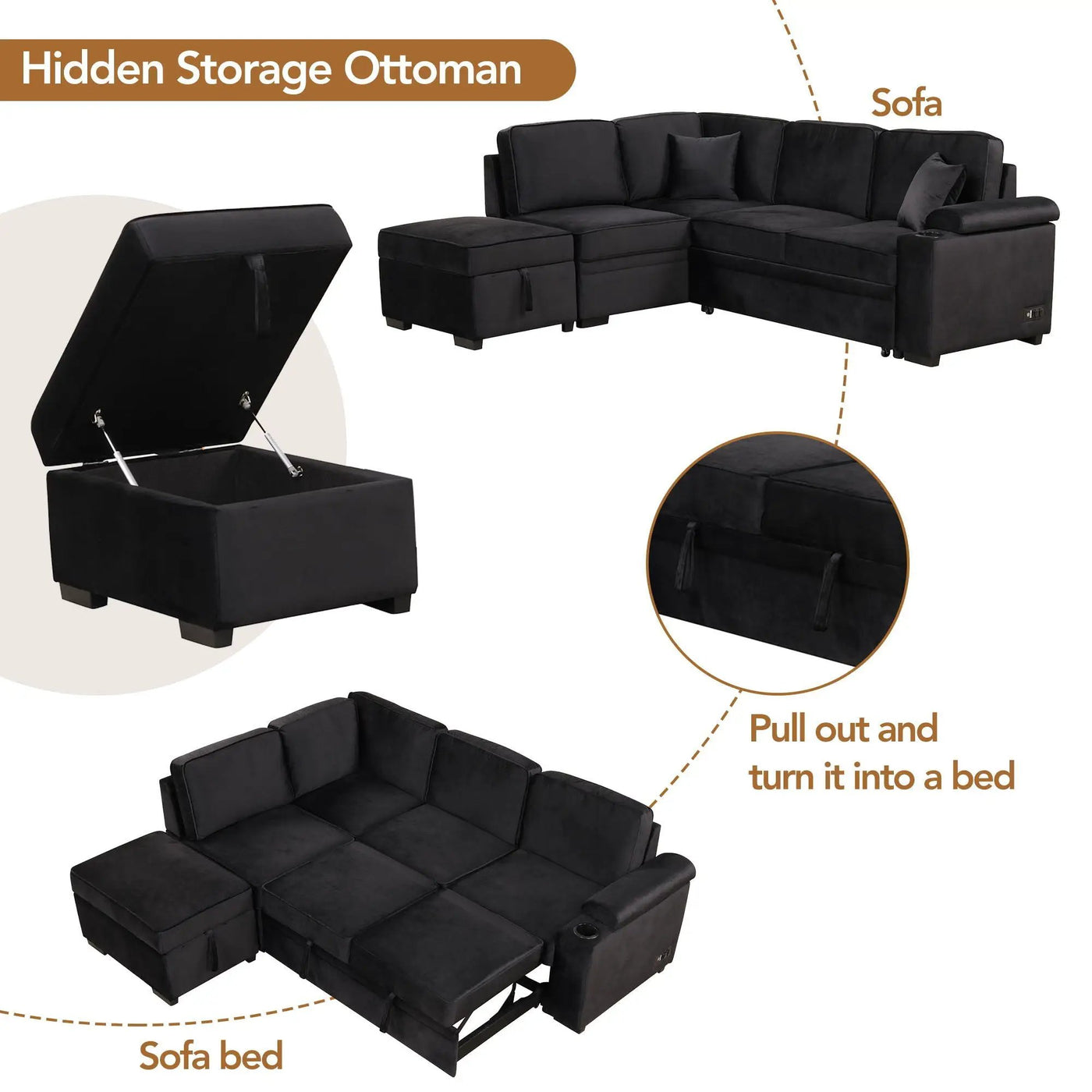 Sleeper Sofa Bed, 2 In 1 Pull Out Sofa Bed L Shape Couch With Storage Ottoman For Living Room, Bedroom Couch And Small Apartment by Unique Piece Furniture