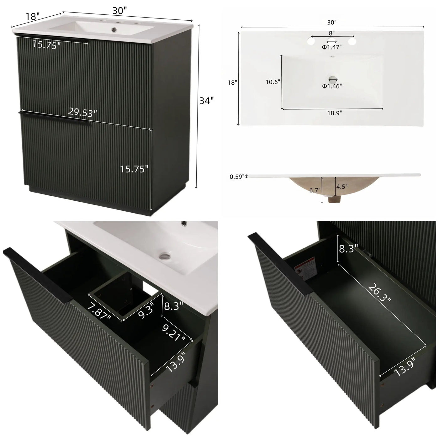 Fluted Bathroom Vanity With Ceramic Sink and Soft-Close Slides by HouseOfZazla