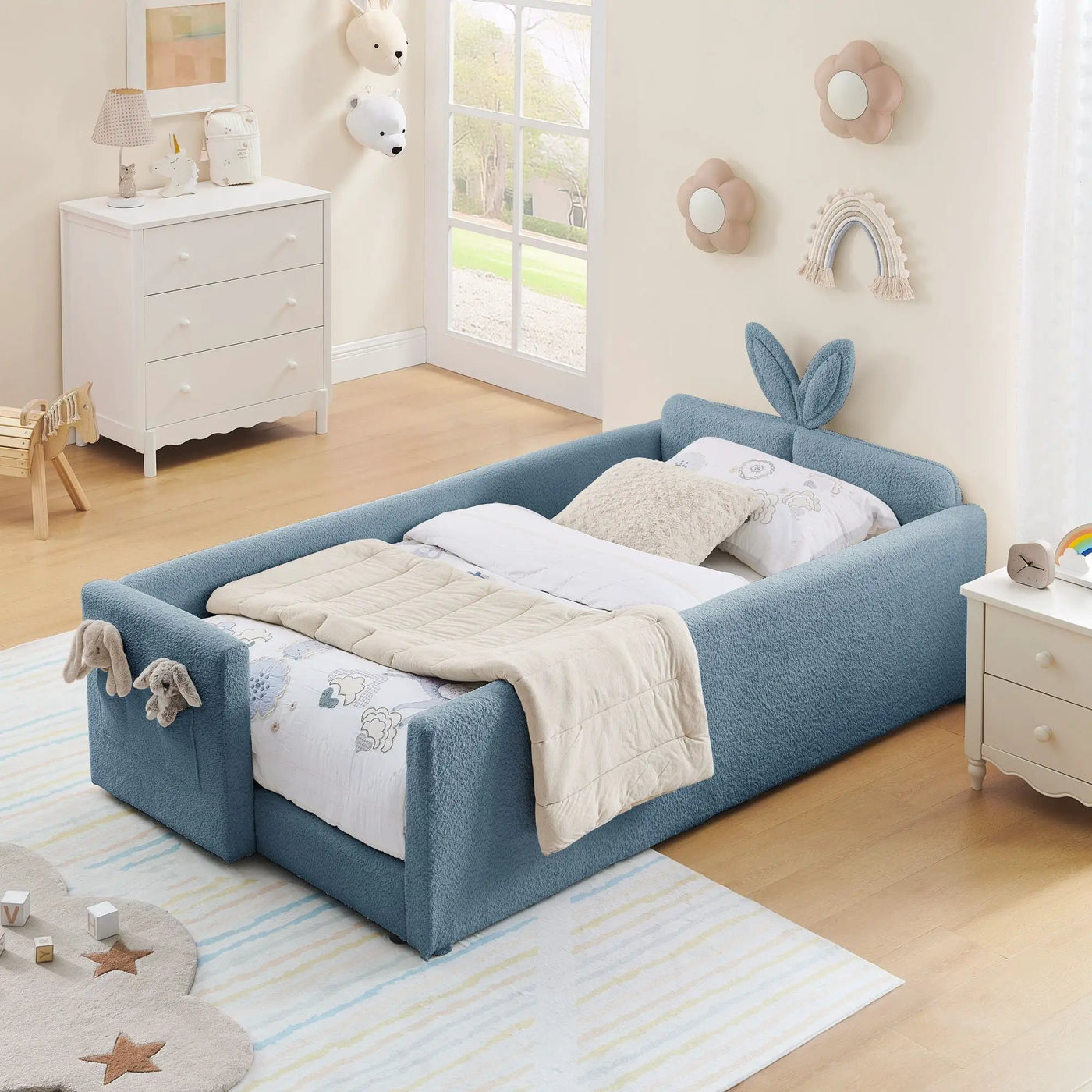 Cute Rabbit Ear Upholstered Platform Bed Frame With Safety Rail by HouseOfZazla