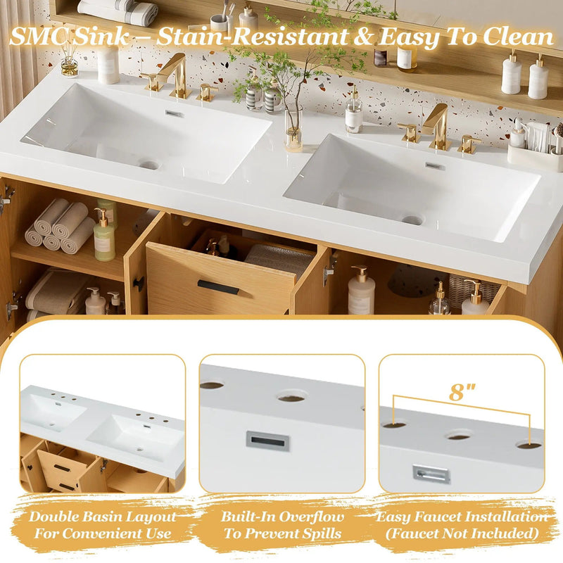 Bathroom Vanity With Double Sink, Soft Close Doors & Drawers Handles - Wood by HouseOfZazla