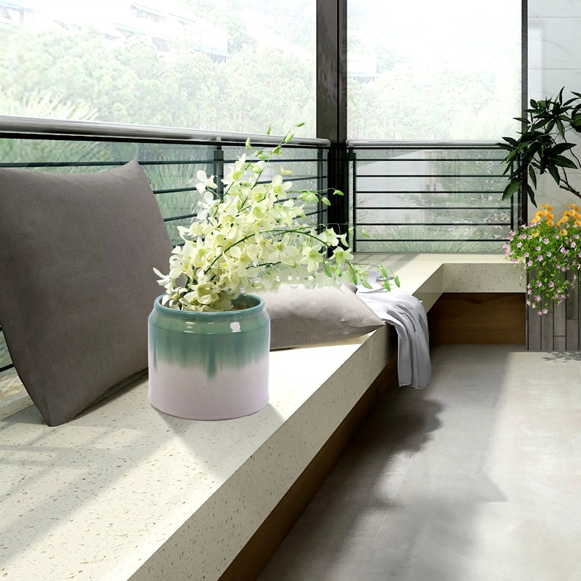 Gradient Flowerpot (Set of 2), Planter For Patio, Garden, Windowsill - White / Green by Unique Piece Furniture