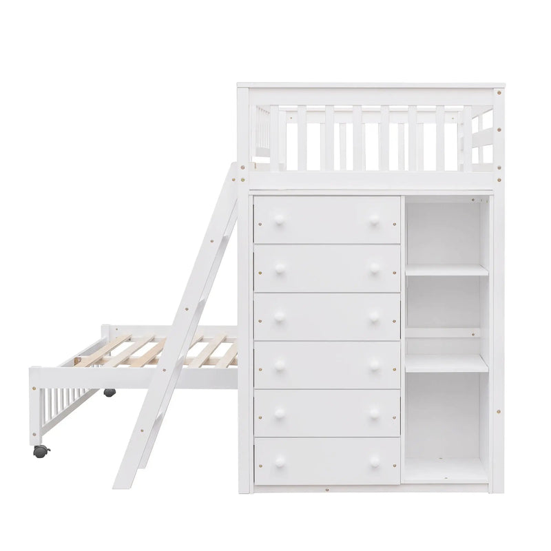 Bunk Bed With 6 Drawers And Flexible Shelves, Bottom Bed With Wheels by Unique Piece Furniture