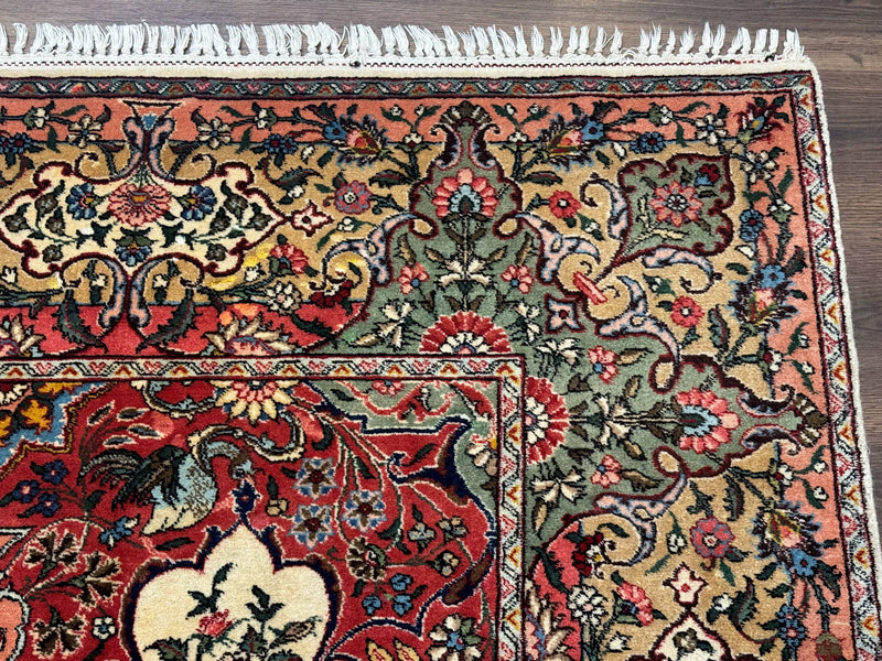 Antique Tabriz Persian Rug 7x10, Red Cream Tan, Unique Design, Fine 270 KPSI, Birds, Floral by Jewel Rugs