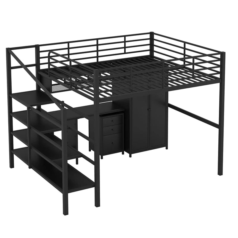 Full Size Loft Bed With Desk Set And Wardrobe - Black by HouseOfZazla