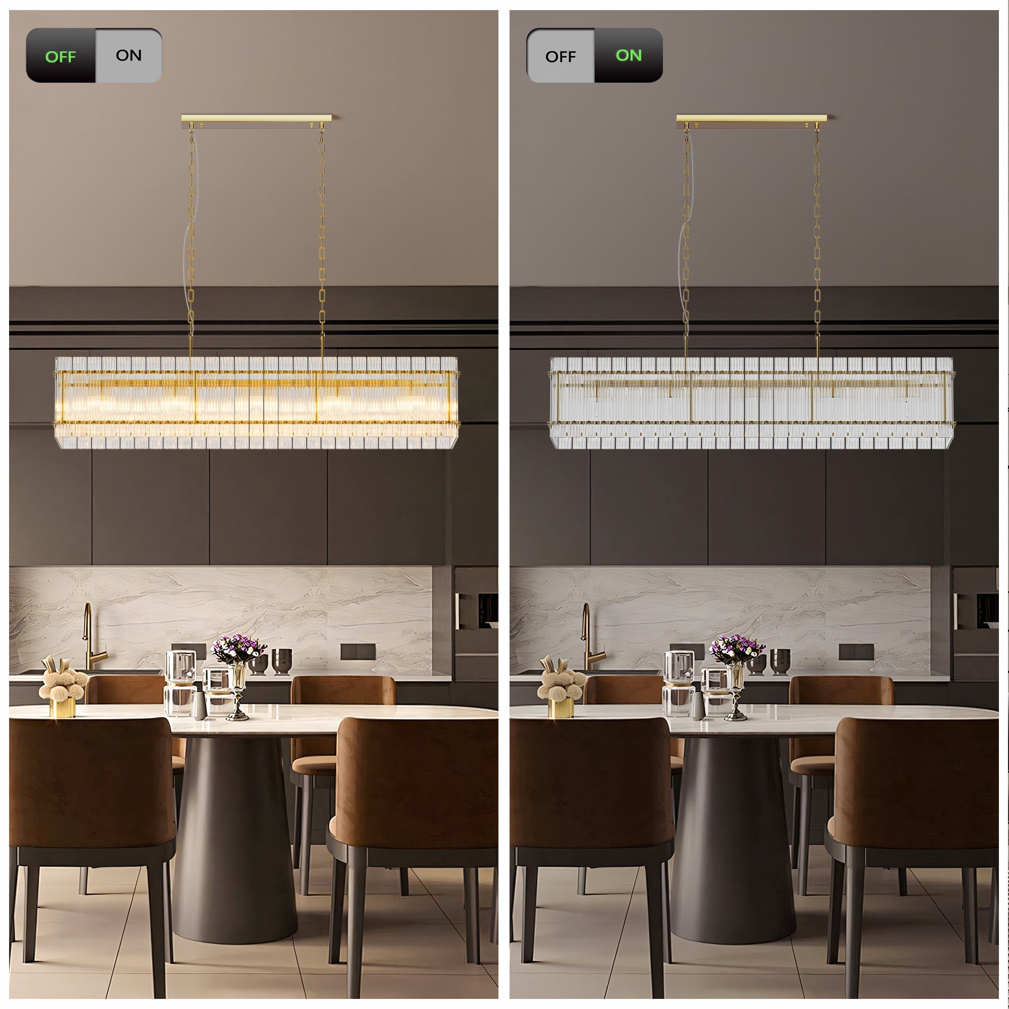 Modern Rectangular Crystal Glass 10-Light Chandelier by HouseOfZazla