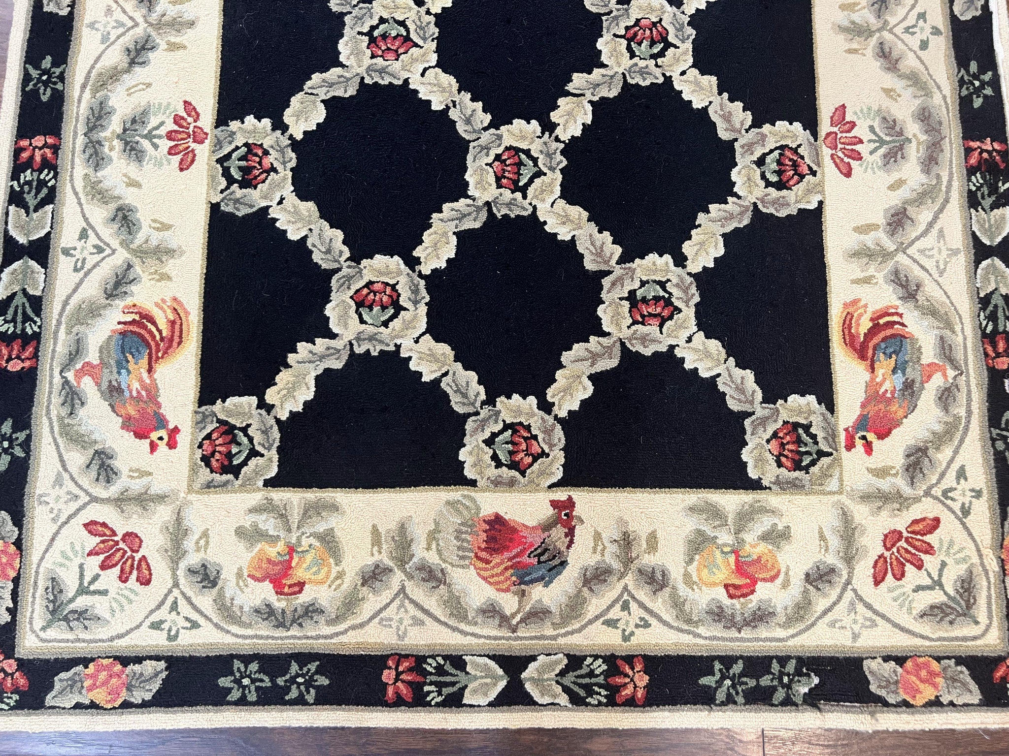 Hooked Rug 5x8, European Aubusson Pattern, Black and Ivory, Roses & Roosters, Vintage Wool Rug by Jewel Rugs
