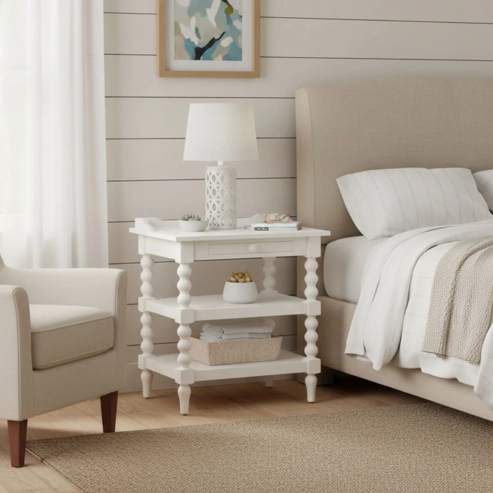Aria - Nightstand With Styling, 2 Shelves, Pull Out Tray, Spool Turned Legs - Antique White by HouseOfZazla