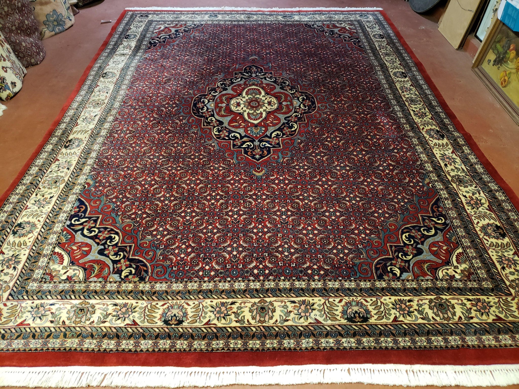Indian Rug 9x12 Red Indo Bidjar Rug 9x12 Vintage Rug Allover Pattern Medallion Rug Wool Rug Nice Persian Design by Jewel Rugs