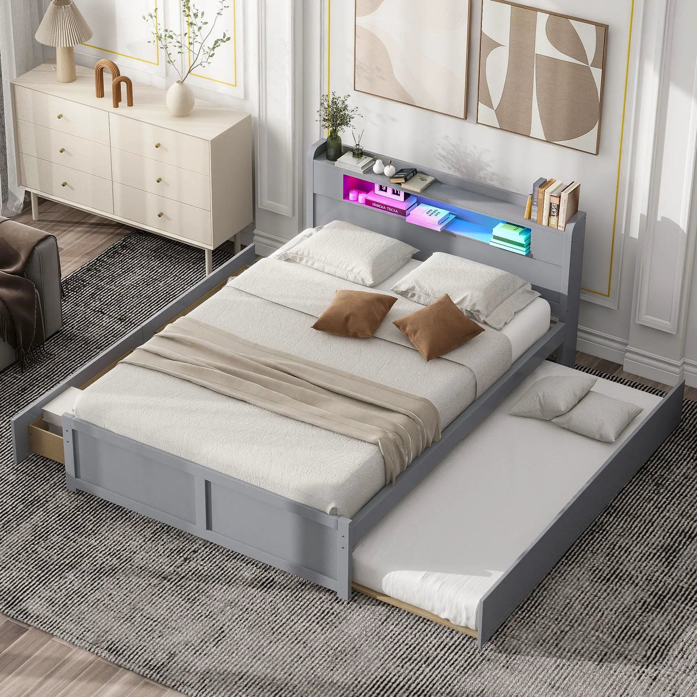 Storage Platform Bed With LED Lights, 2 Drawers And Trundle by HouseOfZazla