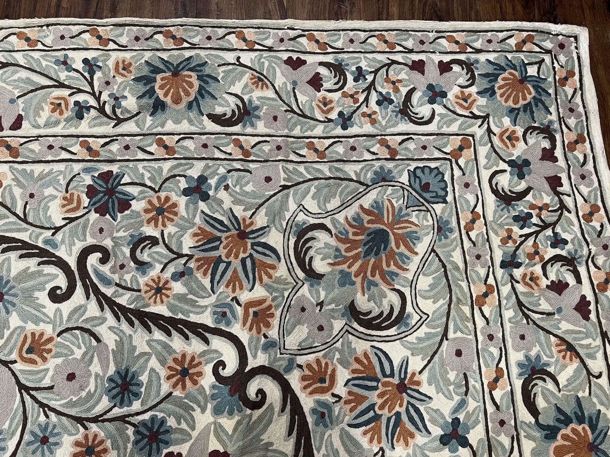 Chain Stitched Rug 9x12 Vintage Carpet 9 x 12 Flatweave Rug, Ivory Teal Rug, Area Rug 9 by 12, Hand Stitched Rug, Medallion, Indian Rug by Jewel Rugs