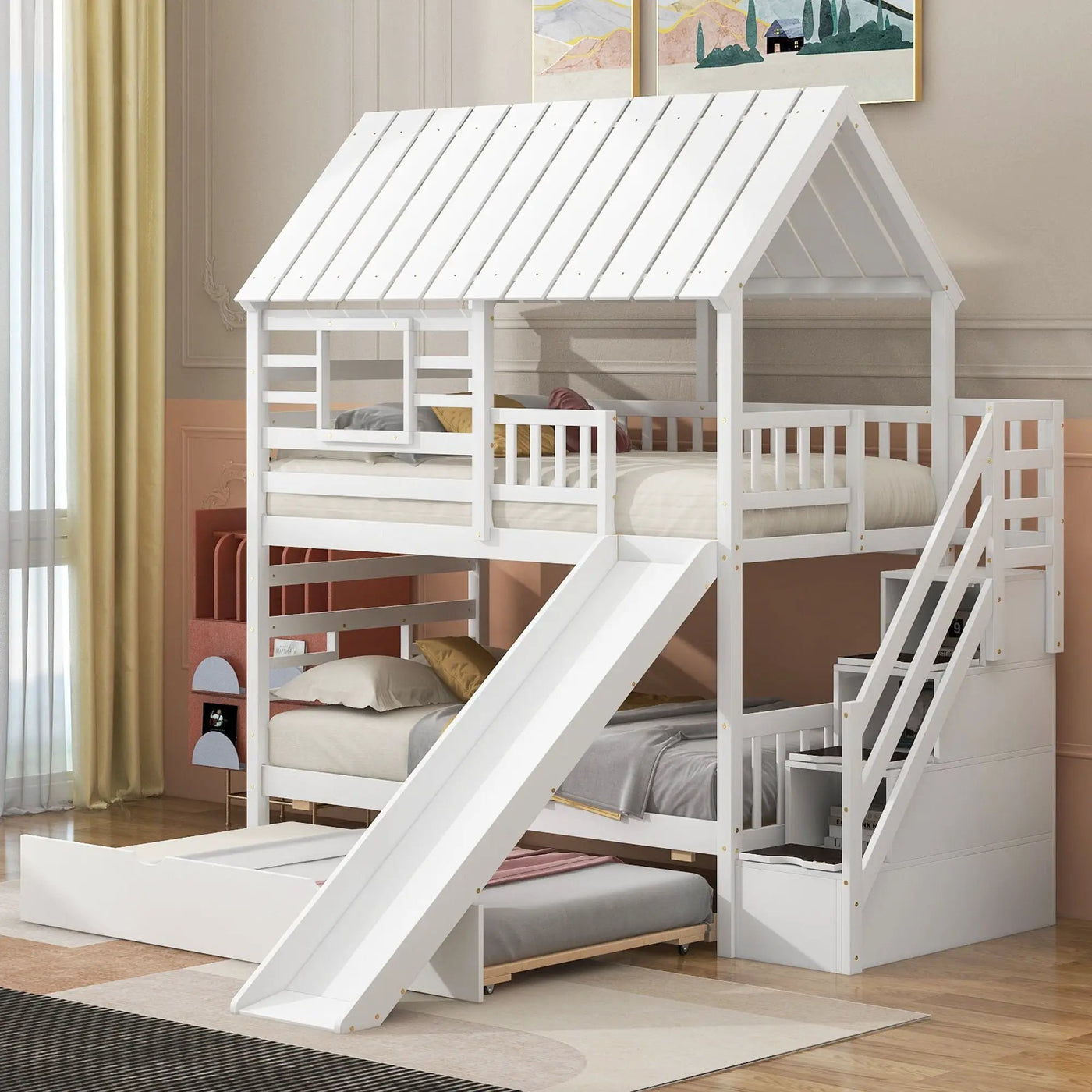 House Bunk Bed With Trundle, Storage Staircase, Roof And Window Design by HouseOfZazla